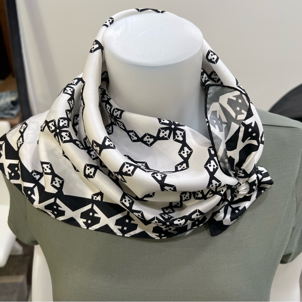 Elegant Black and White Silk Patterned Scarf